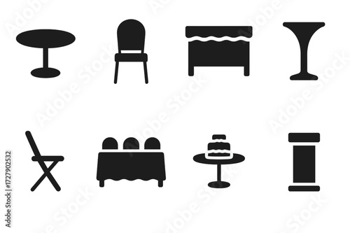 Banquet Furniture Icons. Solid, filled icon set of banquet hall furniture: round table, banquet chair, buffet table, cocktail table, folding chair, head table,