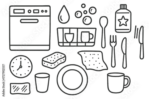 Dishwasher Doodle Icons. Hand-drawn doodle illustration Dishwasher door dishwasher door, handle, control panel, water droplet, bubbles, detergent bottle, dish