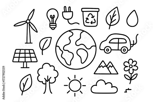 Eco-Friendly Doodles. Hand-drawn doodle illustration Future of environment globe, solar panel, wind turbine, electric car, light bulb, plug, recycling bin,