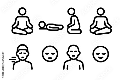 Relaxation Poses Icons. Solid, filled icon set of relaxation body poses: crossed legs, lying down, sitting posture, hands on knees, deep breath, closed eyes,