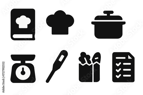 Cooking Essentials Icons. Solid, filled icon set of stirring concepts: recipe book, chef hat, timer, cooking pot, kitchen scale, food thermometer, grocery bag,