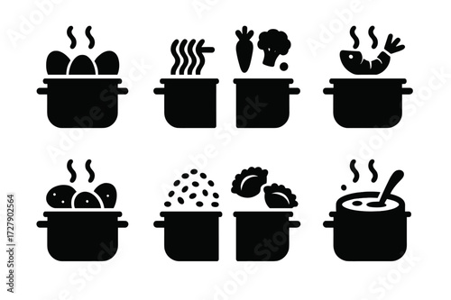 Boiling Food Icons. Solid, filled icon set of boiling food items: eggs, pasta, vegetables, seafood, potatoes, rice, dumplings, soup. [Line icons in only black