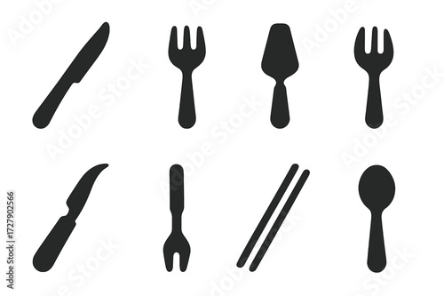Specialty Cutlery Icons. Solid, filled icon set of specialized cutlery: steak knife, fish fork, oyster fork, cake server, cheese knife, fondue fork,