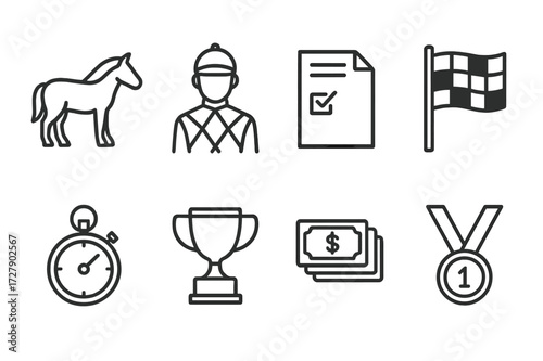 Horse Betting Icons. Outline icon set of horse betting: horse, jockey, betting slip, race flag, stopwatch, trophy, money stack, winner medal. Line icons in