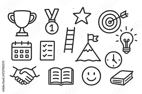 Achievement Doodle Icons. Hand-drawn doodle illustration personal achievements and goals trophy, medal, star, target, arrow, light bulb, calendar, checklist,