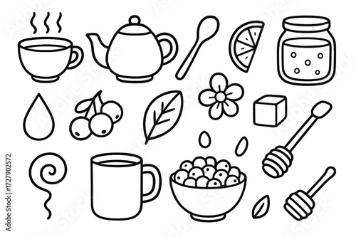 Cranberry Tea Doodle Icons. Hand-drawn doodle illustration Cranberry tea teacup, teapot, spoon, slice, jar, droplet, berries, leaf, flower, seed, sugar cube,