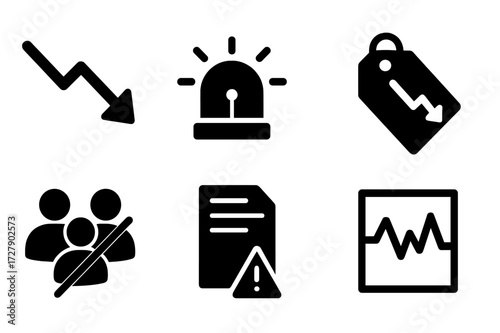 Recession Warning Icons. Solid, filled icon set of recession warning signs: red arrow, alarm, economic report, declining sales, layoffs, default notice, credit