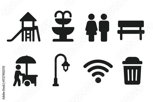 Urban Amenities Icons. Solid, filled icon set of urban amenities: playground, fountain, public restroom, bench, street vendor, streetlight, public Wi-Fi, trash