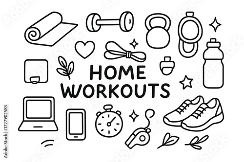 Home Workout Doodles. Hand-drawn doodle illustration Home Workouts [yoga mat, dumbbell, kettlebell, resistance band, water bottle, sneakers, stopwatch, heart,