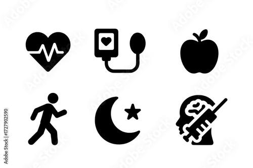 Body Health Icons. Solid, filled icon set of body health: heart rate, blood pressure, hydration, nutrition, exercise, sleep, mental health, vaccination. Solid,