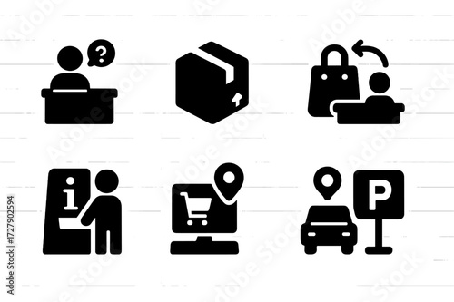 Market Services Icons. Solid, filled icon set of market services: customer service desk, delivery box, shopping bag, refund counter, information kiosk, online
