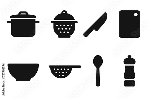 Cooking Tool Icons. Solid, filled icon set of cooking tools: pot, steamer basket, knife, cutting board, bowl, strainer, spoon, salt grinder. [Line icons in