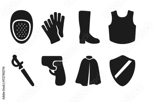 Duel Gear Icons. Solid, filled icon set of duel gear: fencing mask, duel gloves, duel boots, protective vest, sword sheath, pistol holster, duel cloak, shield