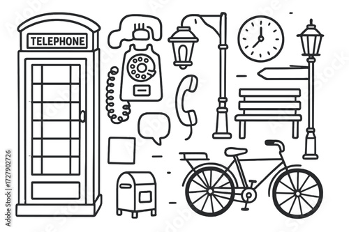 Doodle Telephone Booth Scene. Hand-drawn doodle illustration Telephone Booth red phone box, rotary phone, coin slot, handset, receiver, cord, window panes,