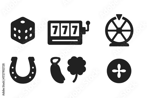Luck Icons Grid. Solid, filled icon set of luck and chance: dice, slot machine, lottery ticket, spinning wheel, horseshoe, rabbit foot, four-leaf clover, lucky