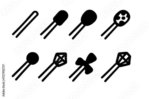 Hairpin Material Icons. Solid, filled icon set of hairpin materials: metal, plastic, wood, tortoiseshell, pearl, rhinestone, fabric, crystal. Solid, filled