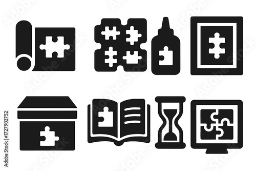 Puzzle Accessories Icons. Solid, filled icon set of puzzle accessories: puzzle mat, sorting trays, glue, frame, storage box, instruction manual, timer,