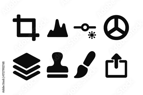 Photography Editing Icons. Solid, filled icon set of photography editing tools: crop tool, histogram, brightness slider, color wheel, layers panel, clone