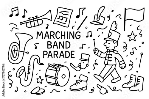 Marching Band Doodles. Hand-drawn doodle illustration Marching band parade [trumpet, trombone, tuba, drum, cymbals, saxophone, sheet music, conductor baton,