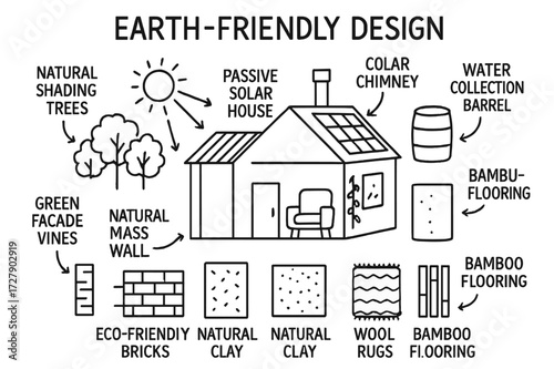 Eco-Friendly Home Design. Earth-friendly design. Hand-drawn doodle illustration earth-friendly design passive solar house, thermal mass wall, natural shading