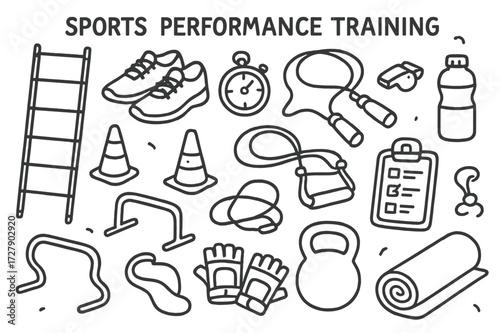 Sports Training Essentials. Hand-drawn doodle illustration [sports performance training] [agility ladder, sneakers, cones, hurdles, jump rope, dumbbell,