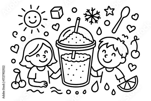Kids Enjoying Slush Cup. Hand-drawn doodle illustration Kids enjoying slush cup with straw, smiling face, sun, ice cube, snowflake, bubble, droplet, dome lid,