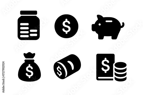 Penny Bank Icons. Solid, filled icon set of penny bank: coin jar, penny coin, piggy bank, coin slot, money bag, coin roll, savings book, coin stack. [Line