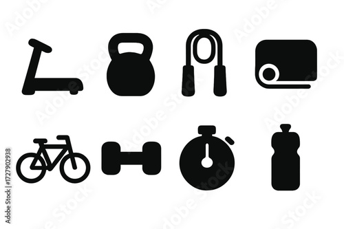 Fitness Icons Grid. Solid, filled icon set of fitness equipment: treadmill, kettlebell, jump rope, yoga mat, bicycle, dumbbell, stopwatch, water bottle. Solid,