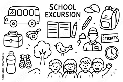 School Excursion Essentials. Hand-drawn doodle illustration school excursion school bus, lunchbox, notebook, pencil, cap, whistle, backpack, ticket, guide,