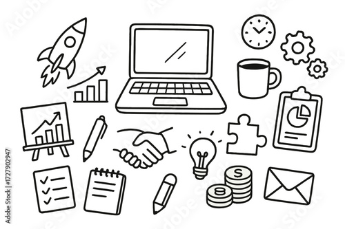 Startup Essentials Doodle. Hand-drawn doodle illustration Startup founder desk laptop, rocket, chart, notebook, pen, coffee mug, clipboard, gears, clock,