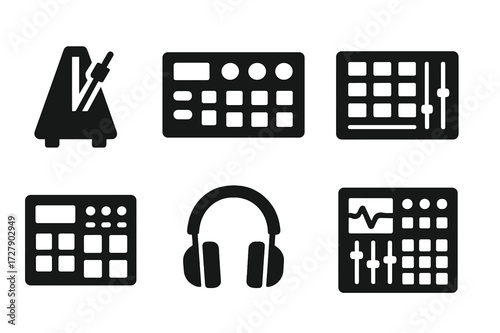 Music Production Icons. Solid, filled icon set of groove production tools: metronome, drum machine, sequencer, audio mixer, sampler, headphones, DAW, MIDI