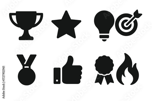 Study Motivation Icons. Solid, filled icon set of study motivation: trophy, star, light bulb, target, medal, thumbs up, ribbon, fire flame. Solid, filled icons