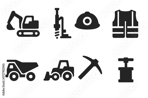 Cobalt Mining Icons. Solid, filled icon set of cobalt mining equipment: excavator, drill rig, mining helmet, safety vest, dump truck, loader, pickaxe, blasting