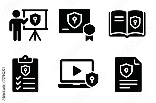 Cybersecurity Education Icons. Solid, filled icon set of cybersecurity education: training, certification, awareness campaign, manual, checklist, webinar,