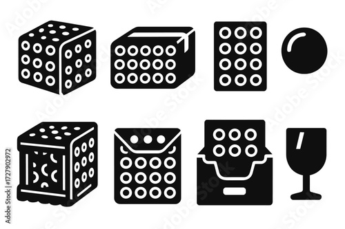 Bubble Wrap Icon Set. Solid, filled icon set of bubble wrap packaging: wrapped box, sealed parcel, protective layer, cushioning bubble, shipping crate, mailing