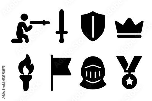 Chivalric Ceremony Icons. Solid, filled icon set of chivalric ceremonies: knight?s oath, sword, shield, crown, torch, banner, helmet, medal. Solid, filled