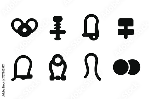 Earring Backings Icons. Solid, filled icon set of earring backings: butterfly clutch, screw back, lever back, push back, latch back, omega back, hook, magnetic