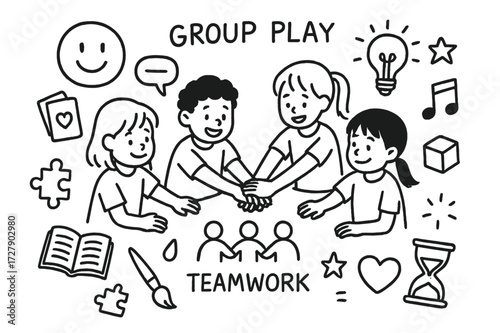 Collaborative School Doodles. Hand-drawn doodle illustration [collaborative group play in school] [children, hand stack, smiley face, cards, puzzle, light