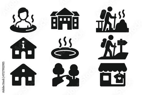 Geothermal Tourism Icons. Solid, filled icon set of geothermal tourism: hot spring bath, spa building, scenic lookout, hiking trail, visitor center, thermal