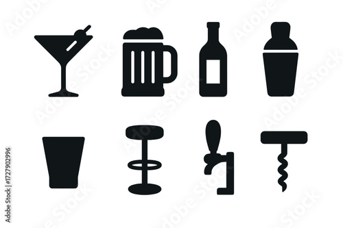 Bar Essentials Icons. Solid, filled icon set of bar essentials: cocktail glass, beer mug, wine bottle, shaker, shot glass, bar stool, tap handle, corkscrew.