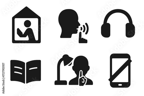Silence Icon Set. Solid, filled icon set of silence in public spaces: library sign, quiet zone, no talking sign, headphones, book, reading lamp, person with