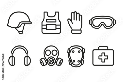 Sniper Safety Gear Icons. Outline icon set of sniper tower safety gear: helmet, bulletproof vest, gloves, goggles, ear protection, gas mask, knee pads, first