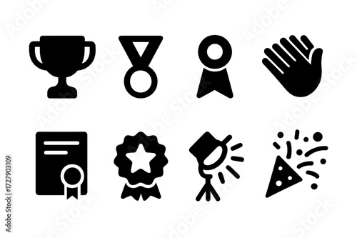 Peer Recognition Icons. Solid, filled icon set of peer recognition: trophy, medal, ribbon, applause hands, certificate, star badge, spotlight, celebratory