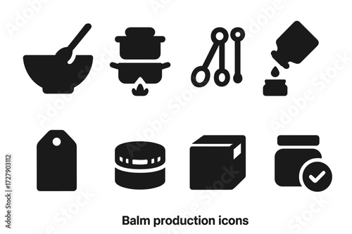 Balm Production Icons. Solid, filled icon set of balm production: mixing bowl, double boiler, measuring spoons, pouring bottle, label, sealing cap, packaging
