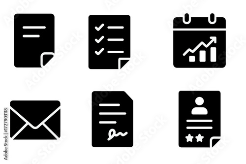 Consultation Icon Set. Solid, filled icon set of consultation documentation: notes, checklist, calendar, presentation slides, email, contract, invoice,
