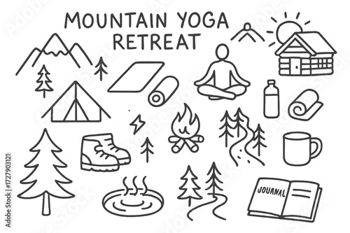 Mountain Yoga Retreat. Hand-drawn doodle illustration [Mountain yoga retreat] [mountain, pine tree, yoga mat, pose icon, cabin, sun, water bottle, rolled