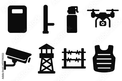 Guardian Equipment Icons. Solid, filled icon set of guardian equipment: riot shield, baton, pepper spray, surveillance drone, security camera, guard tower,