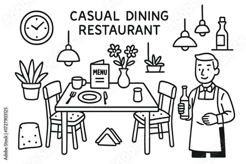 Restaurant Doodle Icons. Hand-drawn doodle illustration [Casual dining restaurant] [table, chairs, plate, cup, cutlery, menu, lamp, vase with flowers, clock,
