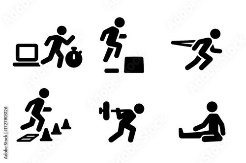 Sprint Training Icons. Solid, filled icon set of sprint training: interval training, plyometrics, resistance bands, sprint drills, strength training, sprint