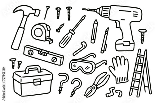 DIY Tools Doodle. Hand-drawn doodle illustration DIY home improvement hammer, screwdriver, drill, screws, nails, measuring tape, level, pencil, toolbox,